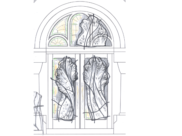 Design proposal for Salon and Spa in Mintclair front entrance door made of wrought iron and kilnformed glass