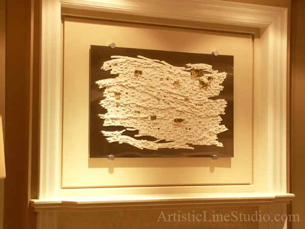 Smalty and glass mosaic with gold and slab glass on stainless steel base