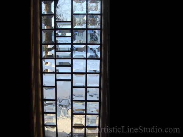 Stained and leaded glass front entance door sidelights with jewels and bevelled glass