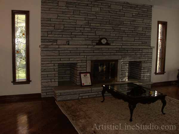 Stained and leaded glass fireplace windows with jewels, kilnformed and bevelled glass