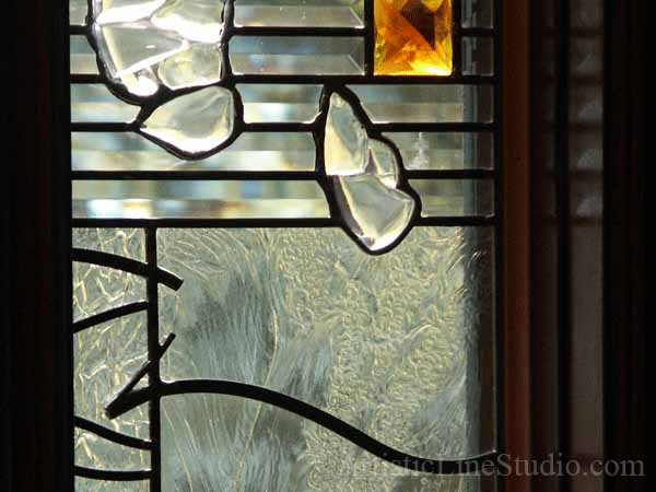 Stained and leaded glass fireplace windows with jewels, kilnformed and bevelled glass