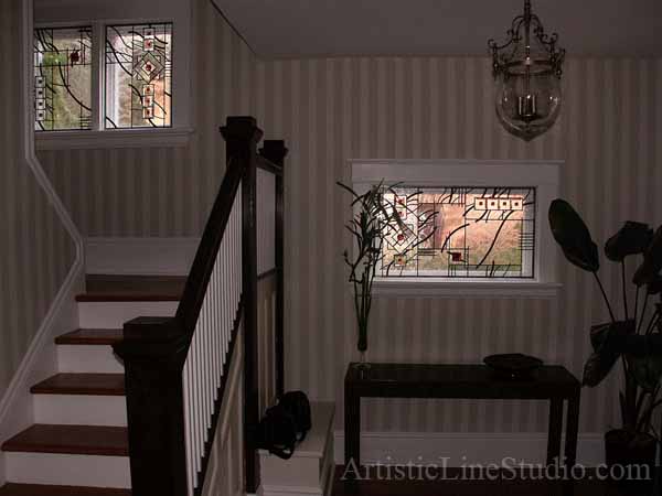 Stained and leaded glass foyer windows with jewels and bevelled glass