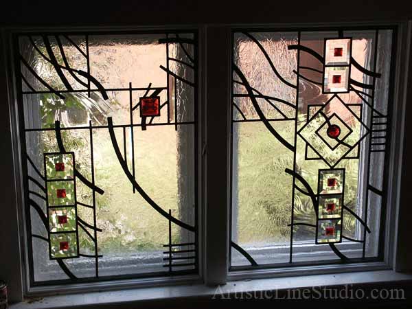 Stained and leaded glass foyer windows with jewels and bevelled glass