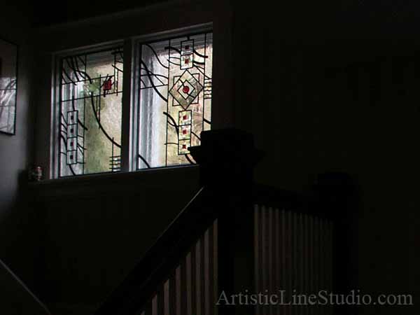 Stained and leaded glass foyer windows with jewels and bevelled glass
