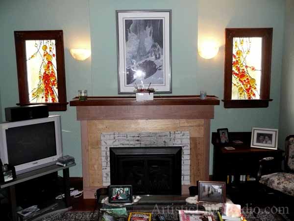 Stained, fused and leaded glass windows for the family room with fireplace