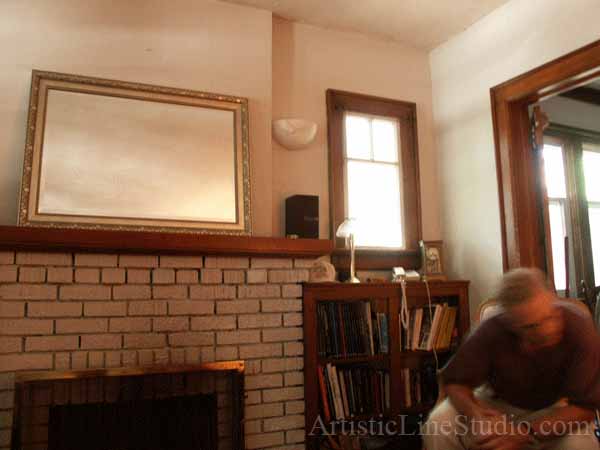 Stained, fused and leaded glass windows for the family room with fireplace