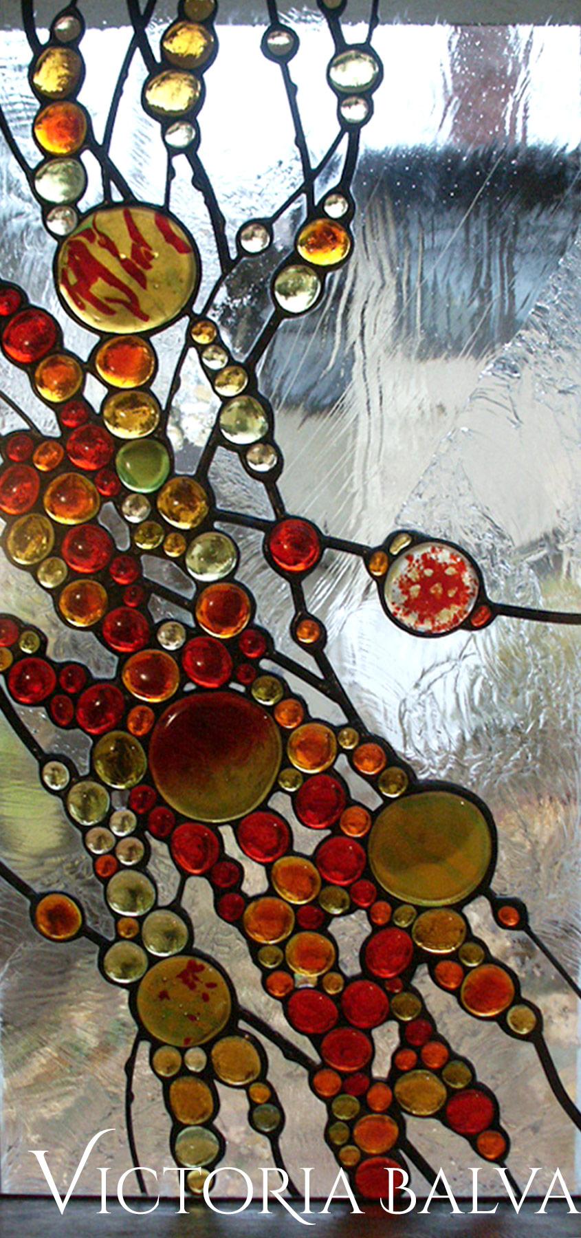 Stained leaded glass window panel in contemporary abstract style by glass artist Victoria Balva