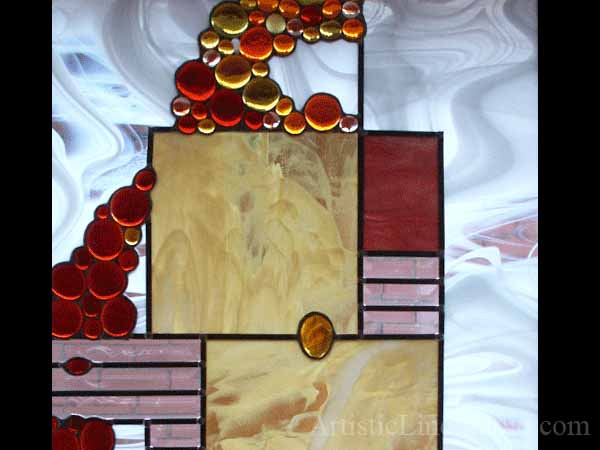 Contemporary decorative stained and leaded glass suspended panel for a staircase window to block unpleasant view adding privacy and beauty