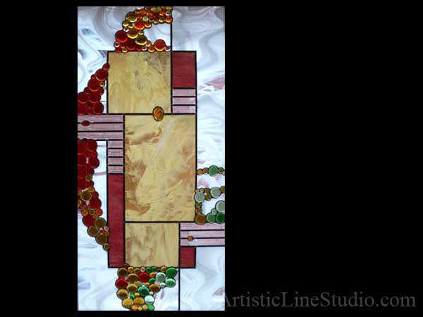 Stained and leaded glass suspended panel for a stairecase window to block unpleasant view  adding privacy and beauty