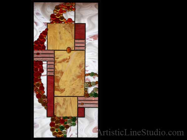 Stained and leaded glass suspended panel for a stairecase window to block unpleasant view  adding privacy and beauty