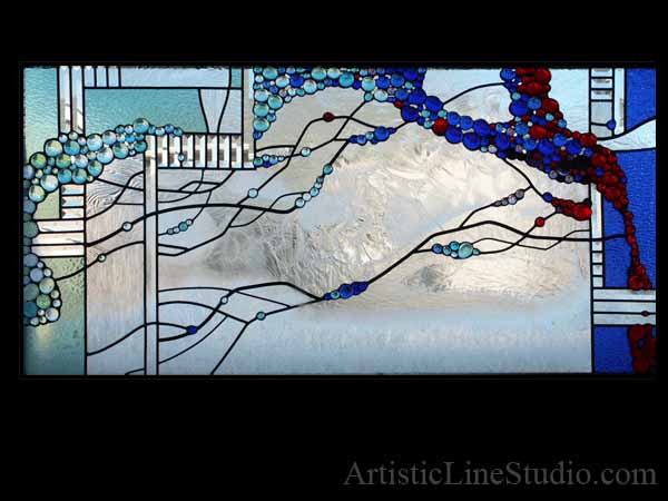 Stained and leaded glass window panel for a family room with fireplace to block unpleasant view  adding privacy and beauty
