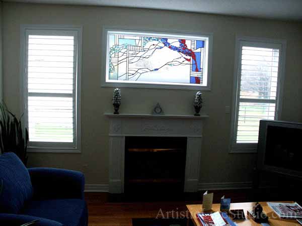 Stained and leaded glass window panel for a family room with fireplace to block unpleasant view  adding privacy and beauty