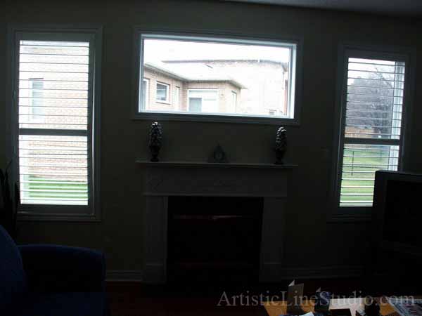Stained and leaded glass window panel for a family room with fireplace to block unpleasant view  adding privacy and beauty