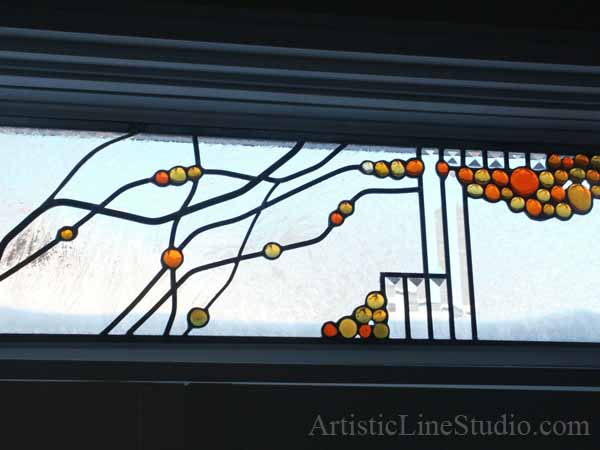 Stained and leaded glass window panel for a family room with fireplace to block unpleasant view  adding privacy and beauty