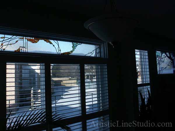 Stained and leaded glass window panel for a family room with fireplace to block unpleasant view  adding privacy and beauty