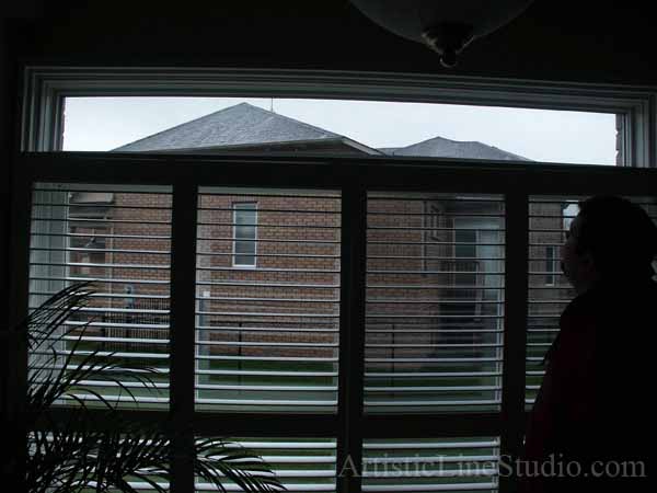 Stained and leaded glass window panel for a family room with fireplace to block unpleasant view  adding privacy and beauty