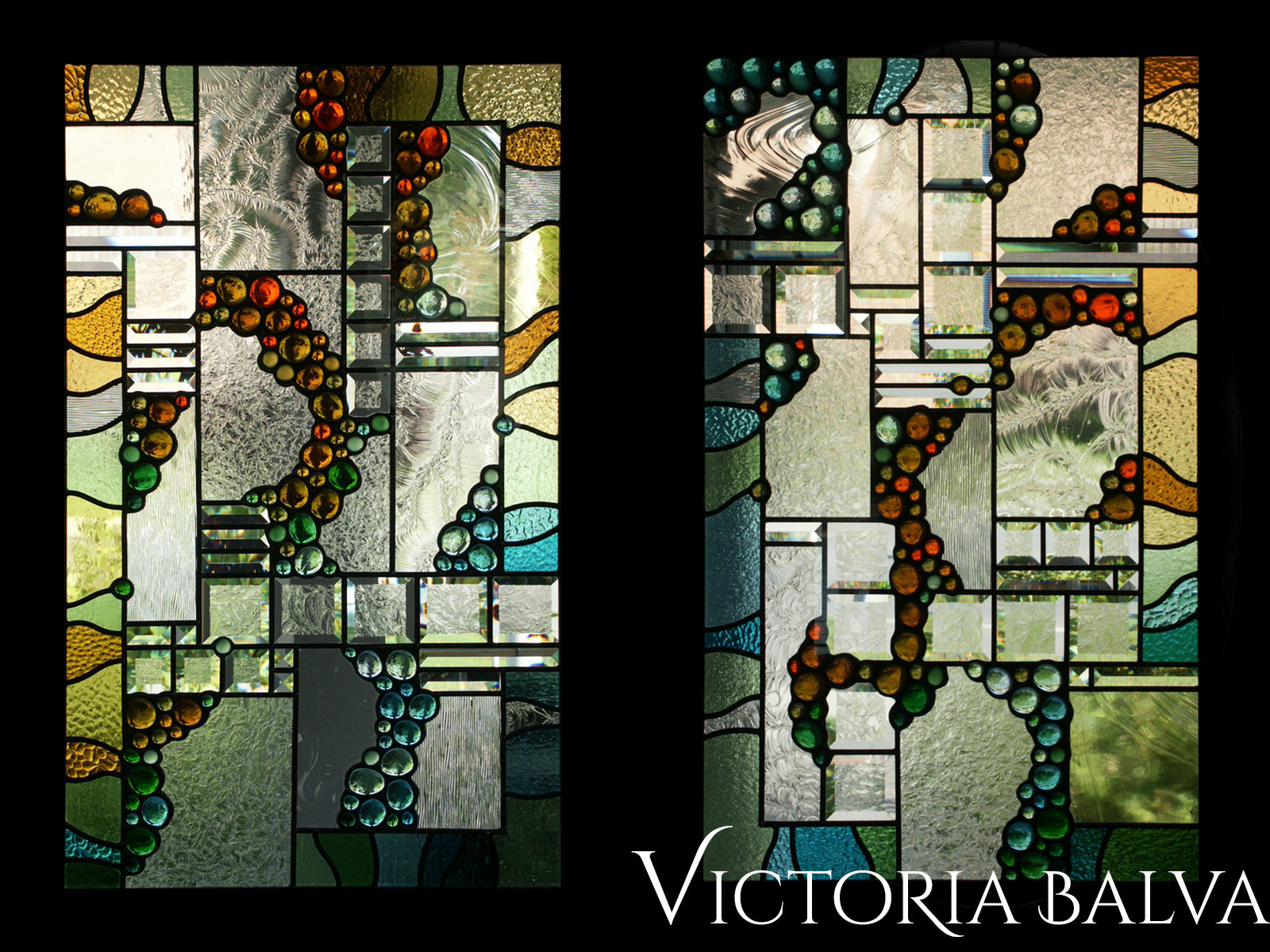 Stained and leaded glass oval foyer windows and enrance door lights with nuggets and bevelled glass