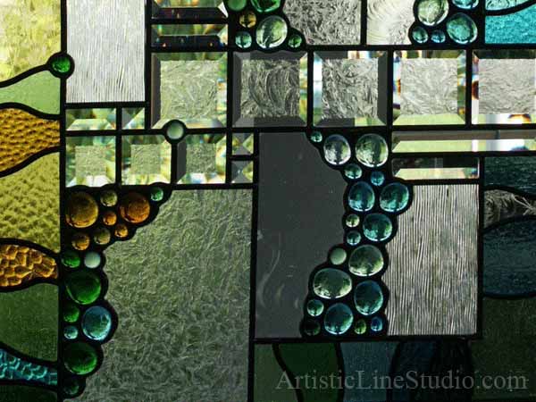 Stained and leaded glass oval foyer windows and enrance door lights with nuggets and bevelled glass