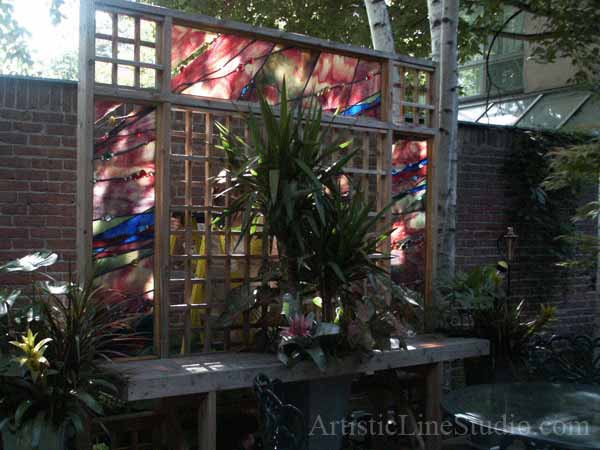 Stained and leaded glass commissiom work for outdoor structure