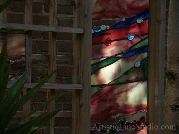 Stained and leaded glass commissiom work for outdoor structure