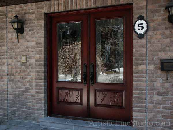 Stained and leaded glass doorlights for custom made mahagony stained door with wood carving