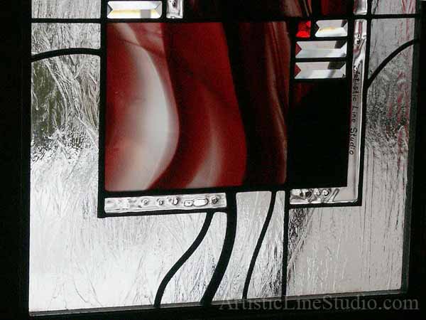 Stained and leaded glass doorlights for custom made mahagony stained door with wood carving