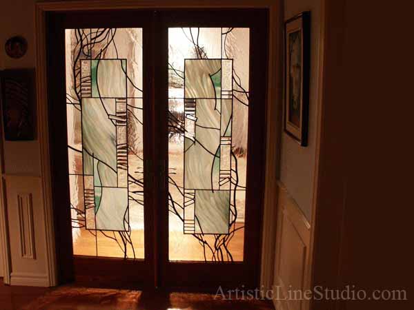 Stained and leaded glass interior door lights with fused glass elements