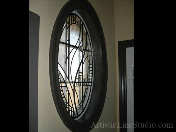 Stained and leaded glass bathroom window with jewels and beveled glass