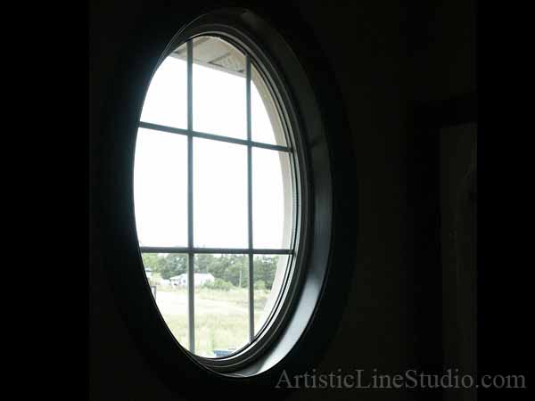 Stained and leaded glass bathroom window with jewels and beveled glass