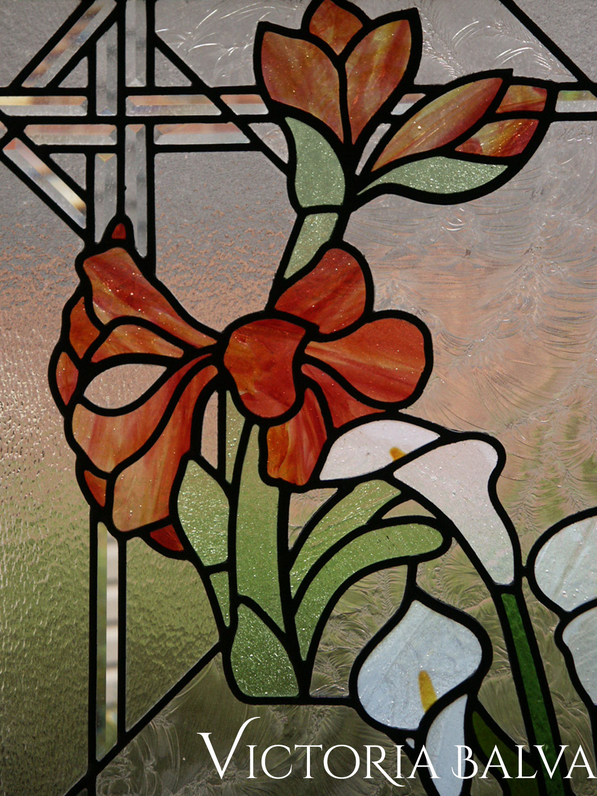 Stained leaded glass window. Flower garden. Amoralis, Tulips, Lilias