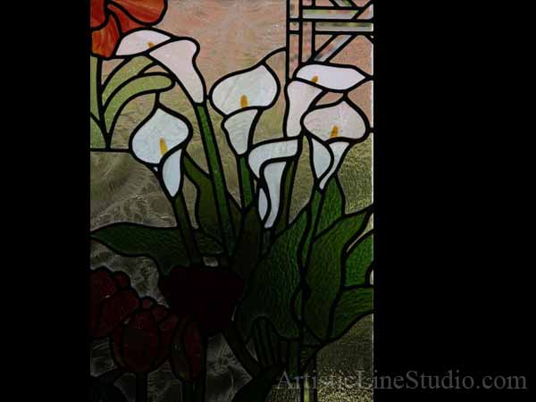 Stained and leaded glass window. Flower garden. Amoralis, Tulips, Lilias