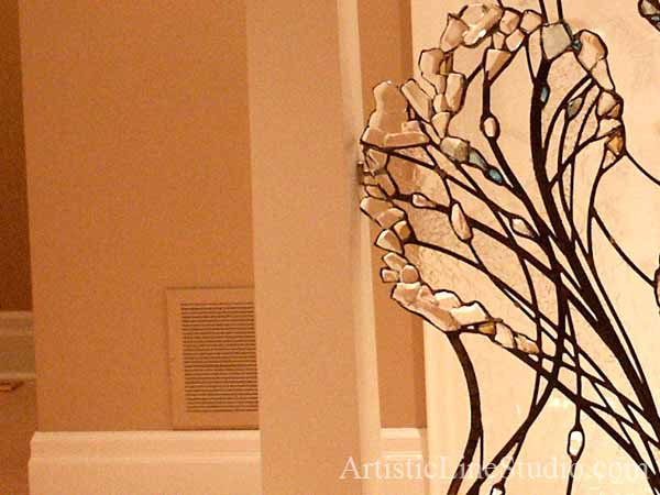 Stained and leaded glass free shape wall divider with kiln formed glass elements
