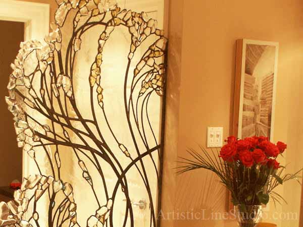 Stained and leaded glass free shape wall divider with kiln formed glass elements with red roses