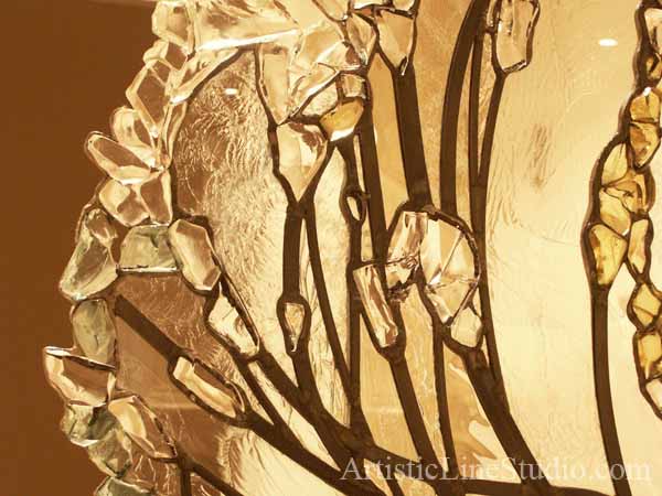 Stained and leaded glass free shape wall divider with kiln formed glass elements