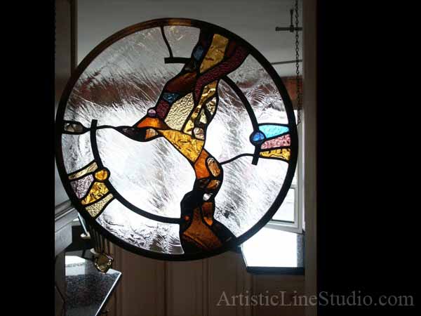 Stained and leaded glass free shape wall divider with kiln formed glass elements