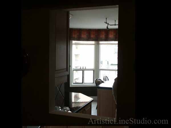 Stained and leaded glass free shape wall divider with kiln formed glass elements
