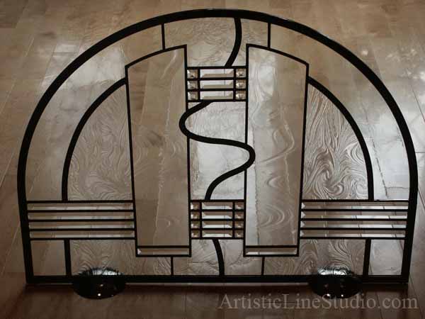 Stained and leaded glass fireplace screen