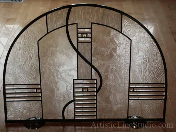 Stained and leaded glass fireplace screen