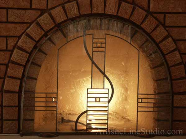 Stained and leaded glass fireplace screen