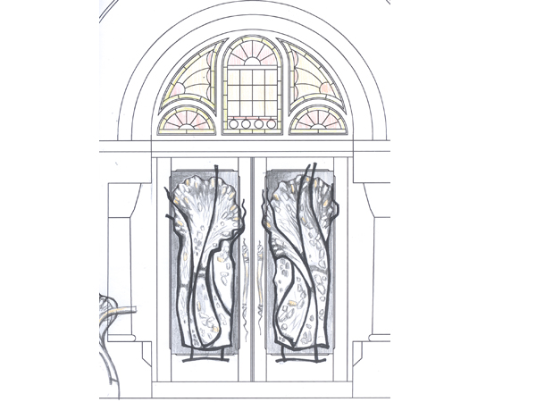 Design sketch for Salon and Spa in Mintclair front entrance door made of wrought iron and fused glass