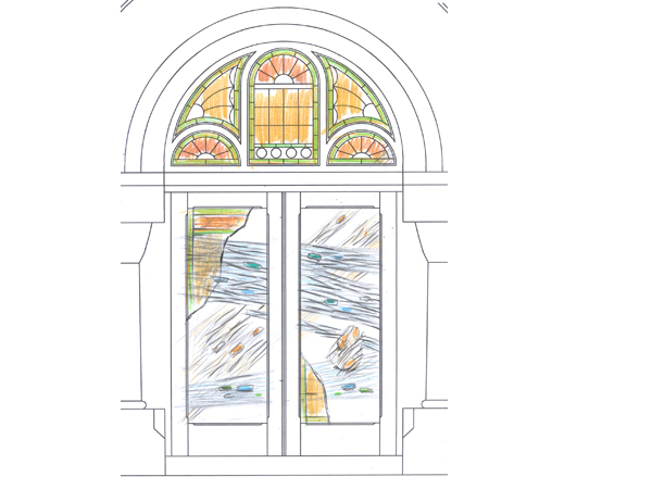 Design proposal for Salon and Spa in Mintclair front entrance door made of wrought iron and kilnformed glass using existing stained glass panels as additional layer of glass