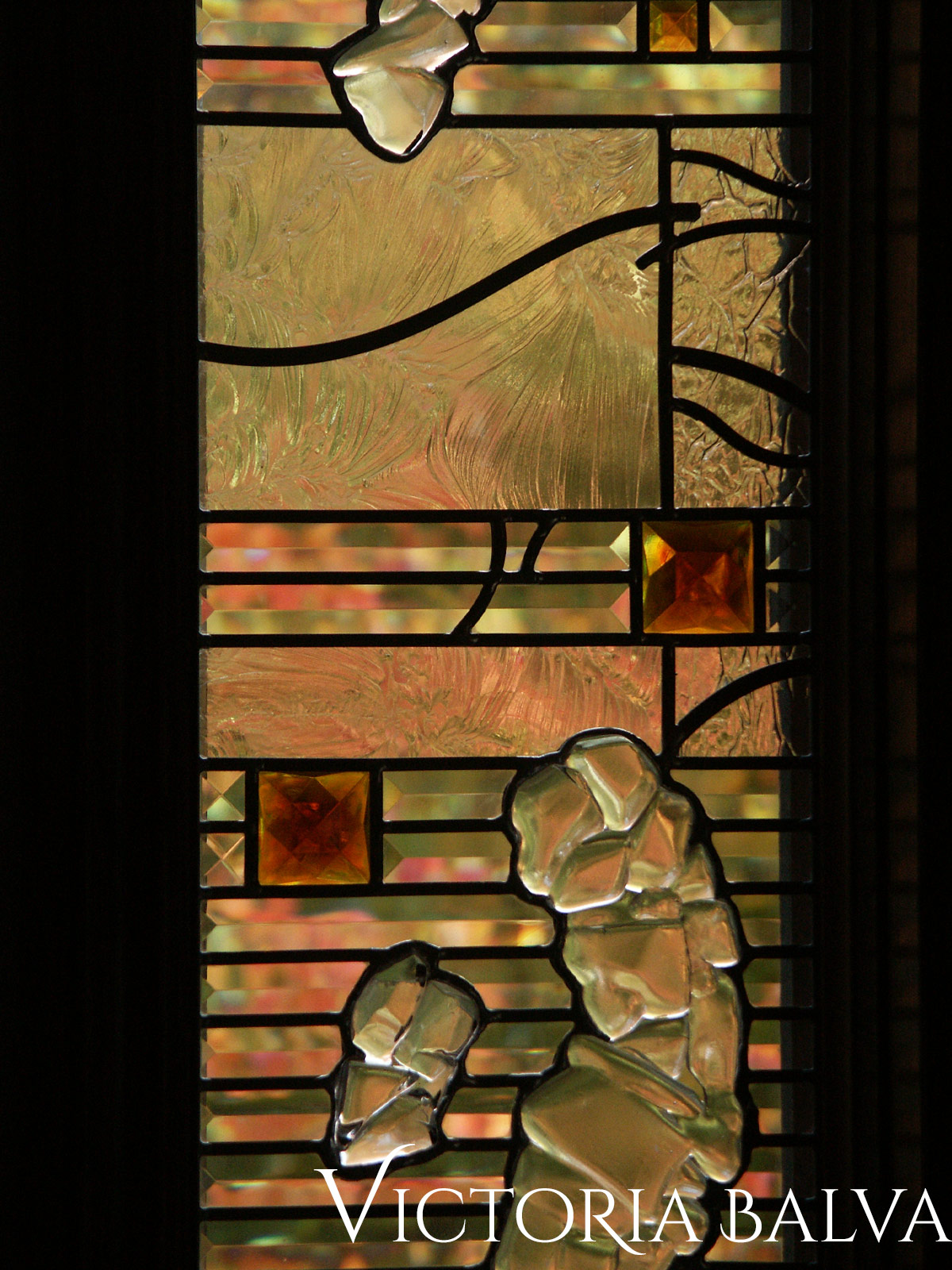 Contemporary abstact stained leaded glass window w fused and beveled glass