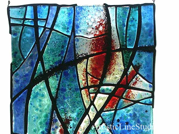 Chagal inspired Stained, fused and leaded glass suspended panel