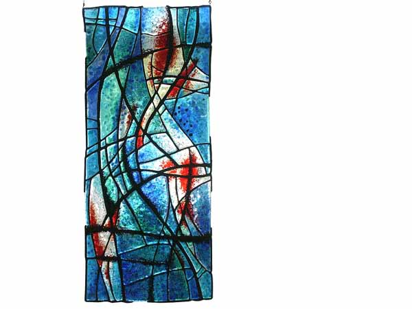 Contemporary Chagal inspired stained, fused and leaded glass suspended panel in blue colors with red accents