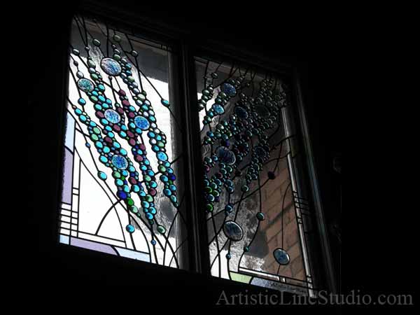 Contemporary stained, fused leaded glass windows for a foyer / staircase  overall view of the window