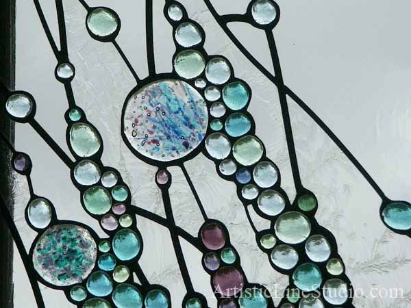 Contemporary stained, fused leaded glass windows with nuggets detail