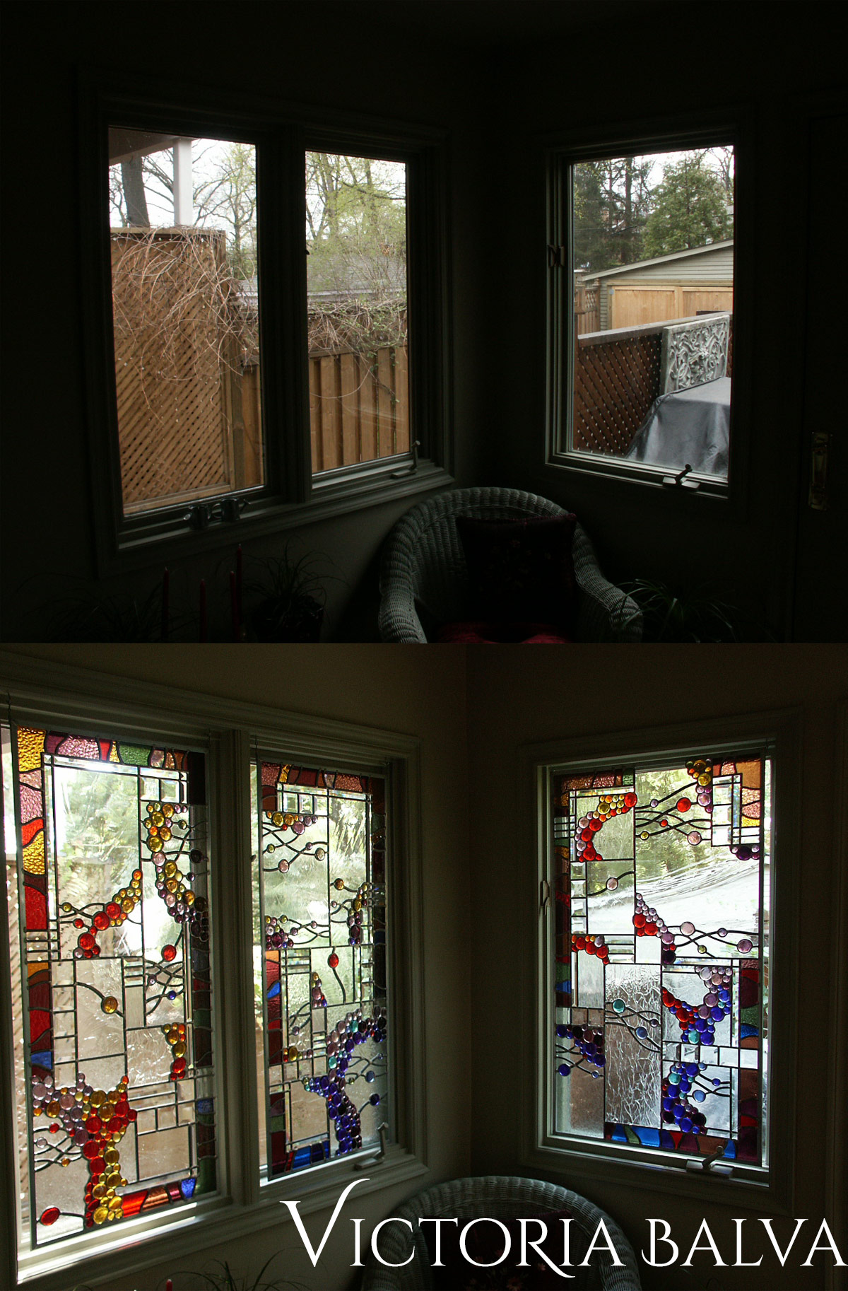 Stained leaded glass suspended panels with nuggets and bevelled glass for solarium room windows before installation
