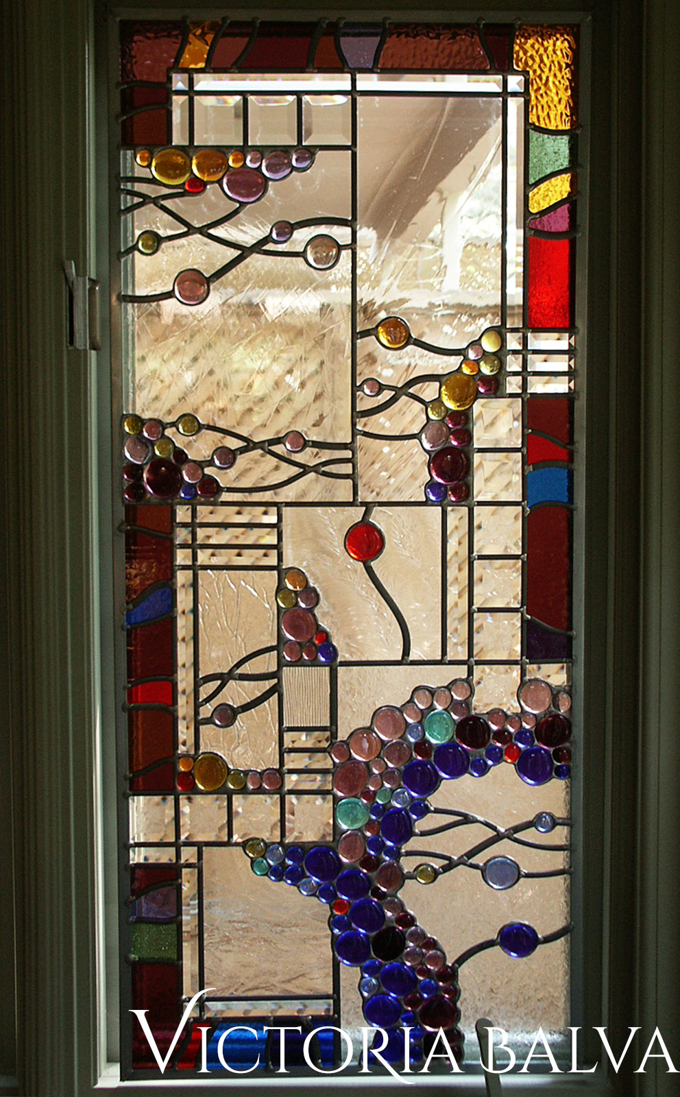 Stained leaded glass suspended panels with nuggets and beveled glass in abstract style