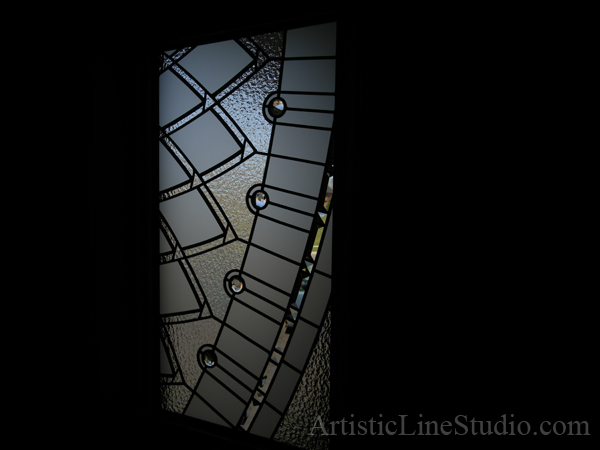 Stained and leaded glass hallway foyer window with jewels and beveled glass