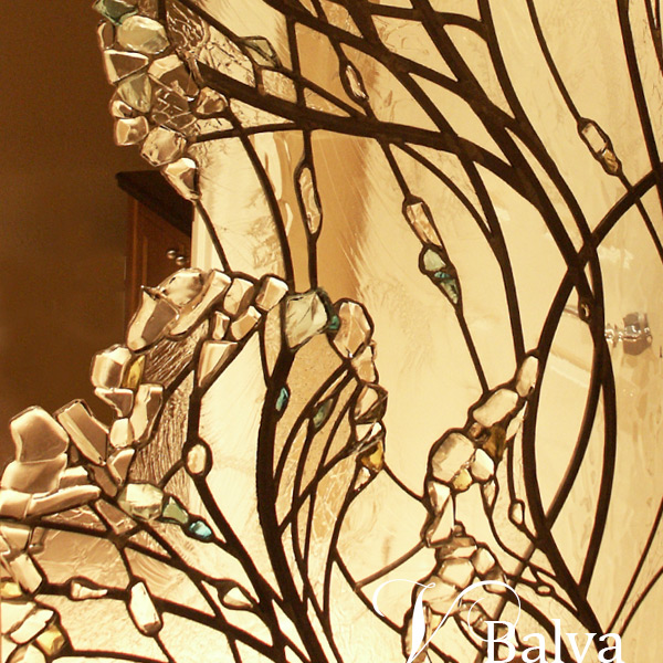 Leaded glass free shape wall divider with kiln formed elements